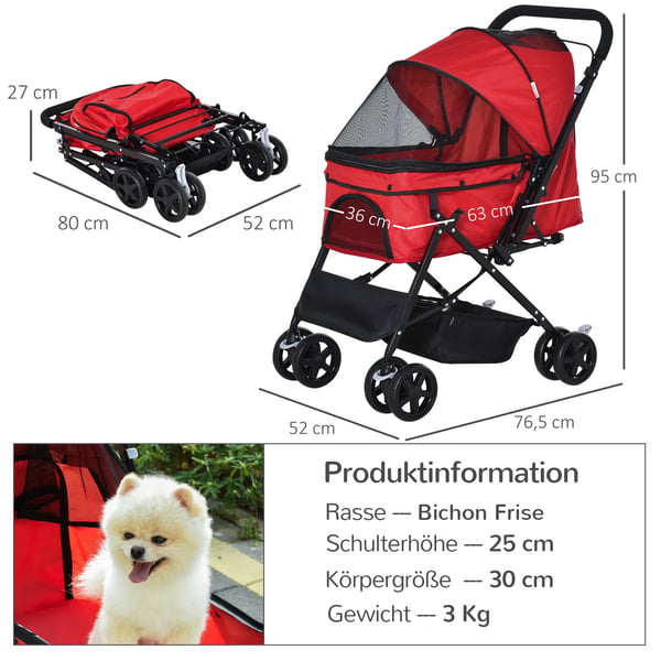 PawHut koiran rattaat Oxford punainen, polyesteri 76,5x52x95cm