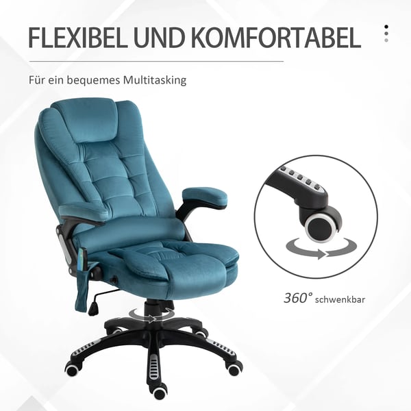 hierontajohtajatuoli, ergonominen, säädettävä korkeus ja kallistus, kaukosäädettävä hieronta, keinutoiminto, sininen sametti, 67 x 72 x 107-1