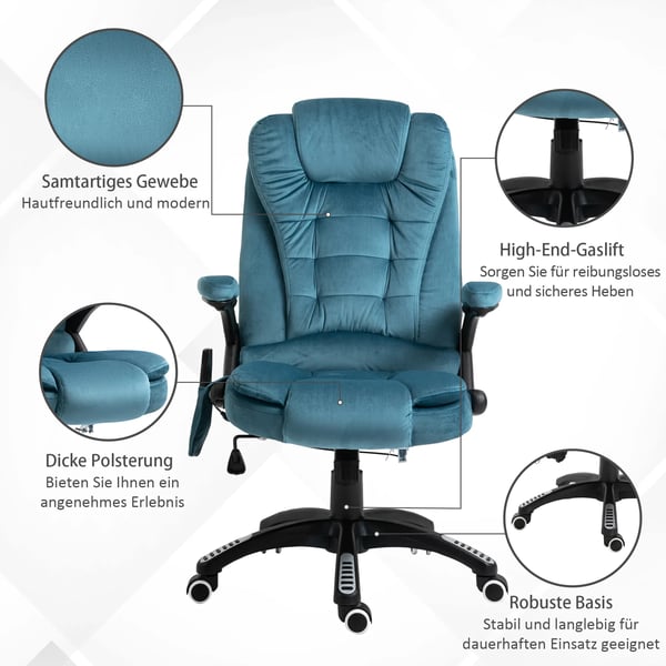 hierontajohtajatuoli, ergonominen, säädettävä korkeus ja kallistus, kaukosäädettävä hieronta, keinutoiminto, sininen sametti, 67 x 72 x 107-1