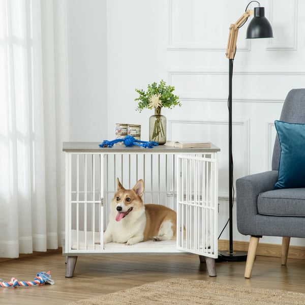 PawHut hundebur i trælook med bordplade og pude til mellemstore hunde Hvid+Grå 86x60x70cm