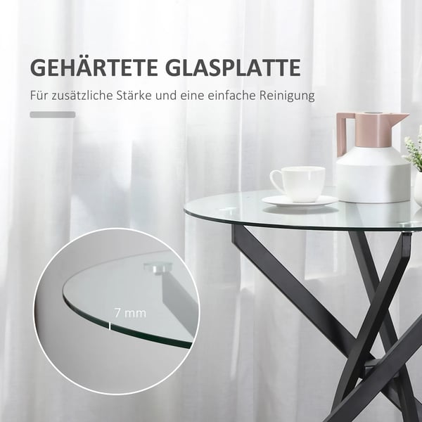 HOMCOM sofabord, rundt glasbord, sort, sidebord med sikkerhedsglas og metalstel, 80 x 80 x 75 cm
