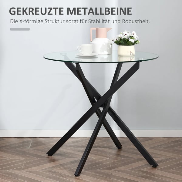 HOMCOM sofabord, rundt glasbord, sort, sidebord med sikkerhedsglas og metalstel, 80 x 80 x 75 cm
