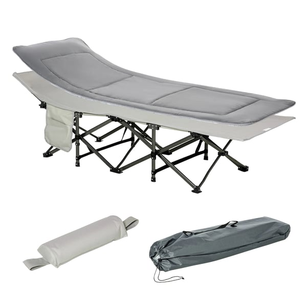 Outsunny Camping Säng Hopfällbar Fält Säng med Kudde och Sidoficka, Ljusgrå, Polyester, Max 150 kg