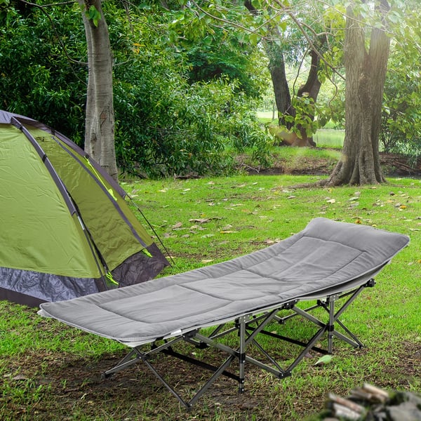 Outsunny foldbar campingstol med måtte, sidelomme, pude - lysegrå, polyester, op til 150 kg