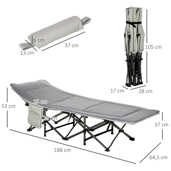 Outsunny foldbar campingstol med måtte, sidelomme, pude - lysegrå, polyester, op til 150 kg