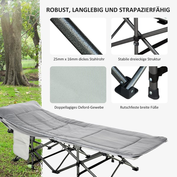 Outsunny foldbar campingstol med måtte, sidelomme, pude - lysegrå, polyester, op til 150 kg
