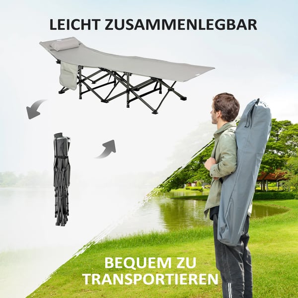 Outsunny foldbar campingstol med måtte, sidelomme, pude - lysegrå, polyester, op til 150 kg