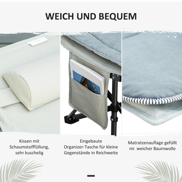 Outsunny foldbar campingstol med måtte, sidelomme, pude - lysegrå, polyester, op til 150 kg