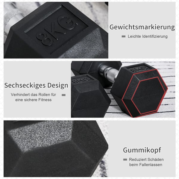 HOMCOM Sekskantede håndvægte, sæt med 2, støbejernshåndvægte, riflet greb, håndvægtsæt, håndvægtsæt, vægte, metal/gummi, sort, 2 x 8 kg