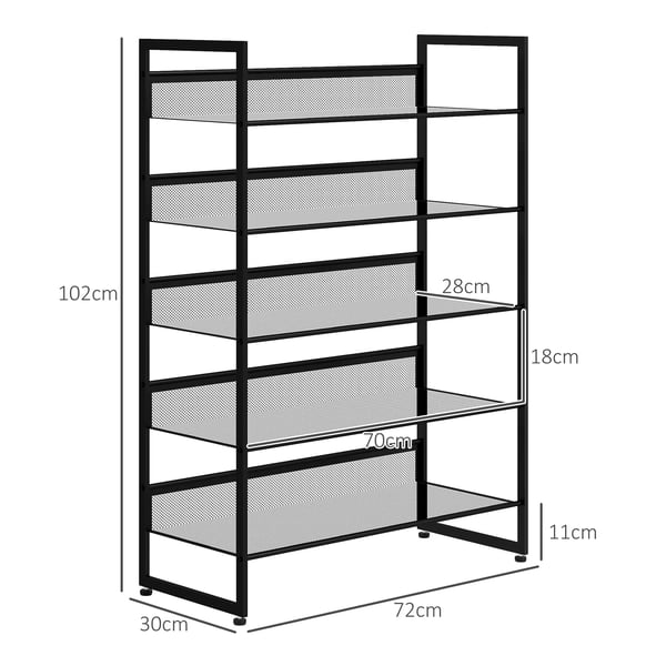 HOMCOM Skostativ m. 5 hylder, skoholder til 15 par, stål, sort, 72x30x102cm
