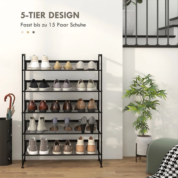 HOMCOM Skostativ m. 5 hylder, skoholder til 15 par, stål, sort, 72x30x102cm