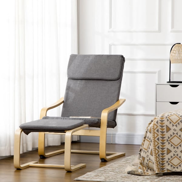 HOMCOM Komfort stol med skammel, sidel2 stol med fodskammel, l2nnetslook, gr2, polyester, krydsfiner, svamp, polstret, arml2n