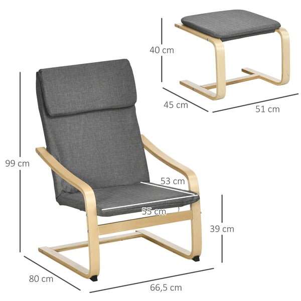 HOMCOM Komfort stol med skammel, sidel2 stol med fodskammel, l2nnetslook, gr2, polyester, krydsfiner, svamp, polstret, arml2n