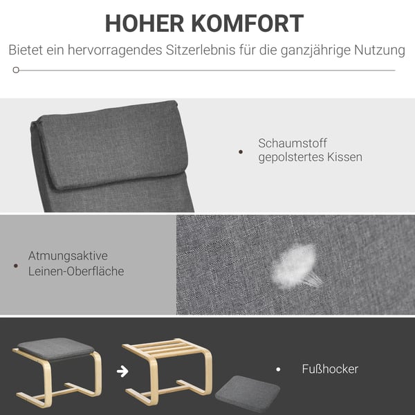 HOMCOM Komfort stol med skammel, sidel2 stol med fodskammel, l2nnetslook, gr2, polyester, krydsfiner, svamp, polstret, arml2n
