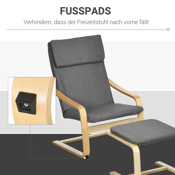 HOMCOM Komfort stol med skammel, sidel2 stol med fodskammel, l2nnetslook, gr2, polyester, krydsfiner, svamp, polstret, arml2n
