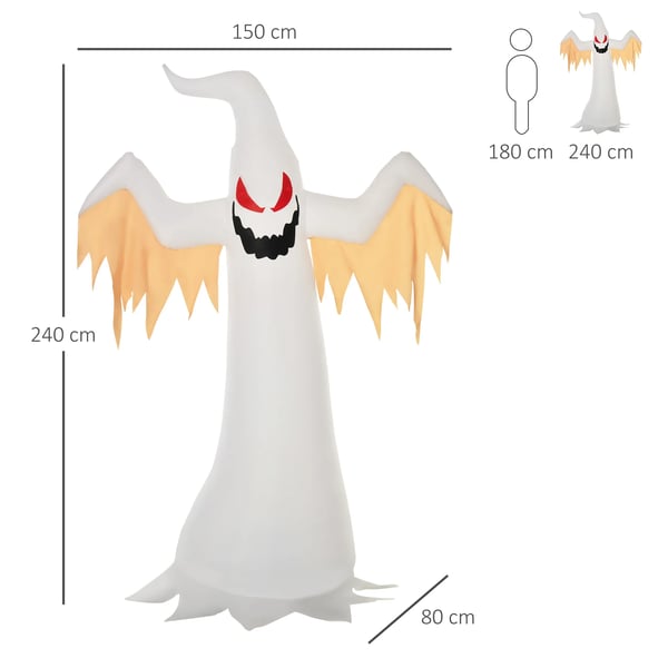 Halloween puhallettava haamu 2,4 m koristelu LED-valoilla IP44 Itse täyttyvä polyesteri Valkoinen + Punainen 150 x 80 x 240 cm