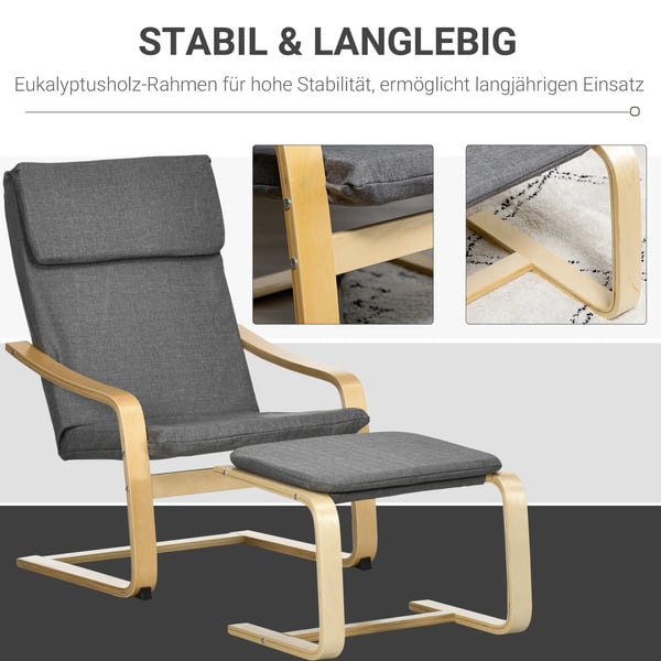 HOMCOM Komfort stol med skammel, sidel2 stol med fodskammel, l2nnetslook, gr2, polyester, krydsfiner, svamp, polstret, arml2n