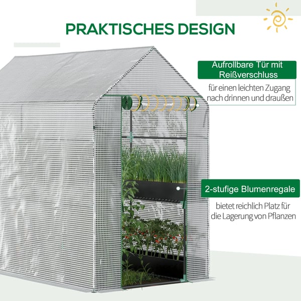 Outsunny drivhus med folie, walk-in drivhus med 4 hyldeniveauer, tomatdrivhus, væksthus, forårshus med dør, grøn, stål, PE, 120 x 186 x 190 cm