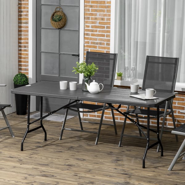 Outsunny havebord klapbord til 6 personer, buffetbord med stålstel, terrassebord i trælook, 180 x 75,5 x 73 cm, mørkegrå