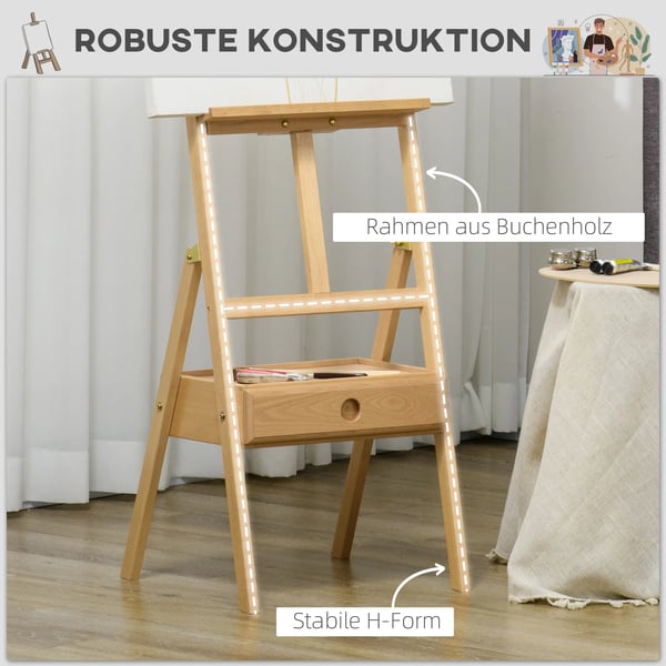 Vinsetto staffeli, gulvstaffeli, sammenklappeligt træstaffeli, højdejusterbart atelierstaffeli med holder, til lærreder op til 92 cm i højden