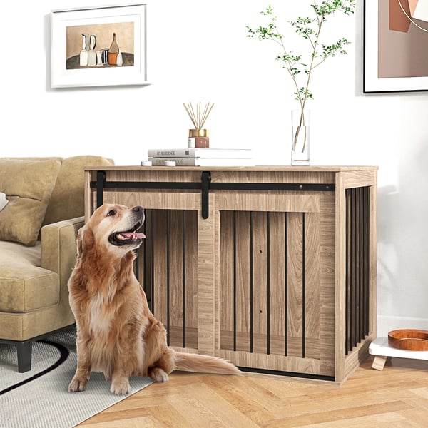 PawHut hundebur, hundekasse med skydedør, indendørs hundehus med trælook, lås, til store hunde op til 30 kg, 98 x 58 x 67 cm, valnød