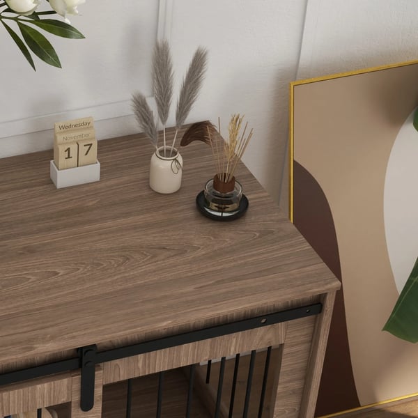 PawHut hundebur, hundekasse med skydedør, indendørs hundehus med trælook, lås, til store hunde op til 30 kg, 98 x 58 x 67 cm, valnød