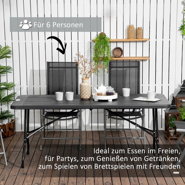 Outsunny havebord klapbord til 6 personer, buffetbord med stålstel, terrassebord i trælook, 180 x 75,5 x 73 cm, mørkegrå