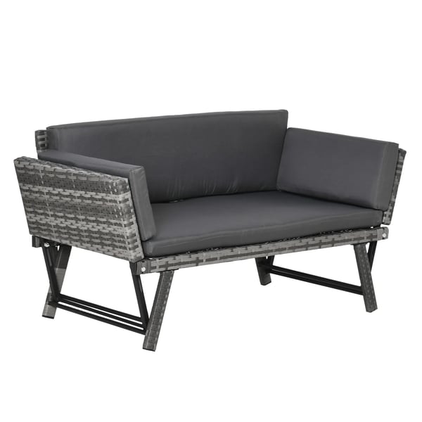 Outsunny Loungesoffa Gråmälad Utförande i Konstrotting & Stål - 2-sits, Fällbara Armstöd, Idealisk för Trädgård/Terrass, 129x63x67cm