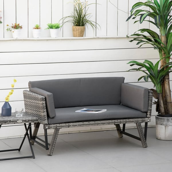Outsunny 2-person polyrattan lounge sofa, grey, foldable armrests, steel, 129x63x67cm, for garden & patio
