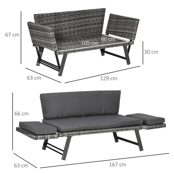 Outsunny 2-person polyrattan lounge sofa, grey, foldable armrests, steel, 129x63x67cm, for garden & patio