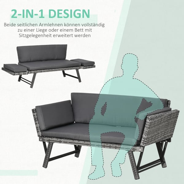 Outsunny 2-person polyrattan lounge sofa, grey, foldable armrests, steel, 129x63x67cm, for garden & patio