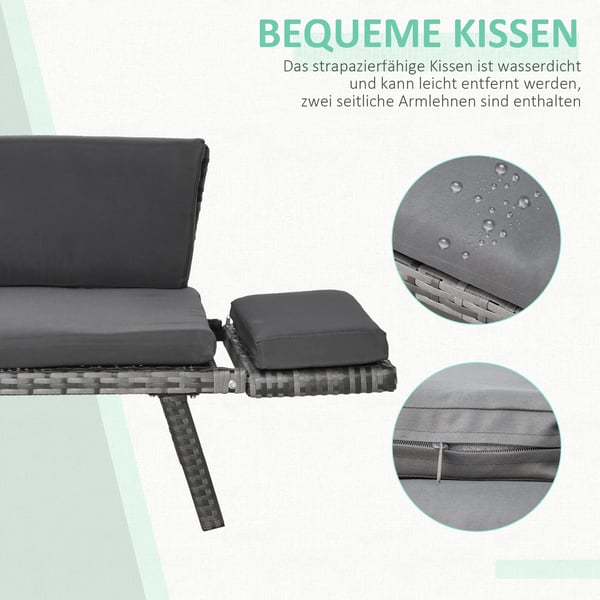 Outsunny 2-person polyrattan lounge sofa, grey, foldable armrests, steel, 129x63x67cm, for garden & patio