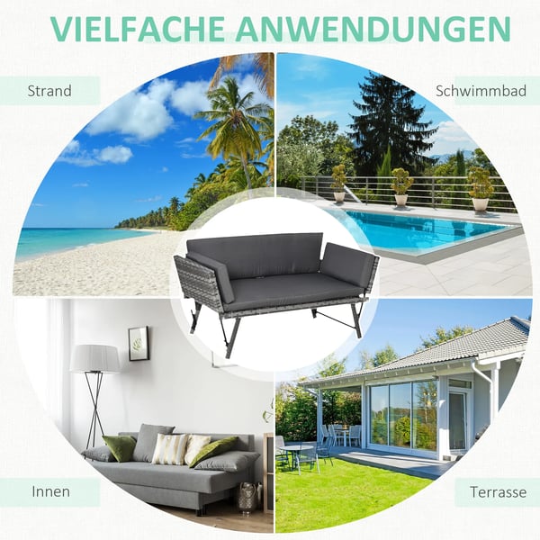 Outsunny 2-person polyrattan lounge sofa, grey, foldable armrests, steel, 129x63x67cm, for garden & patio