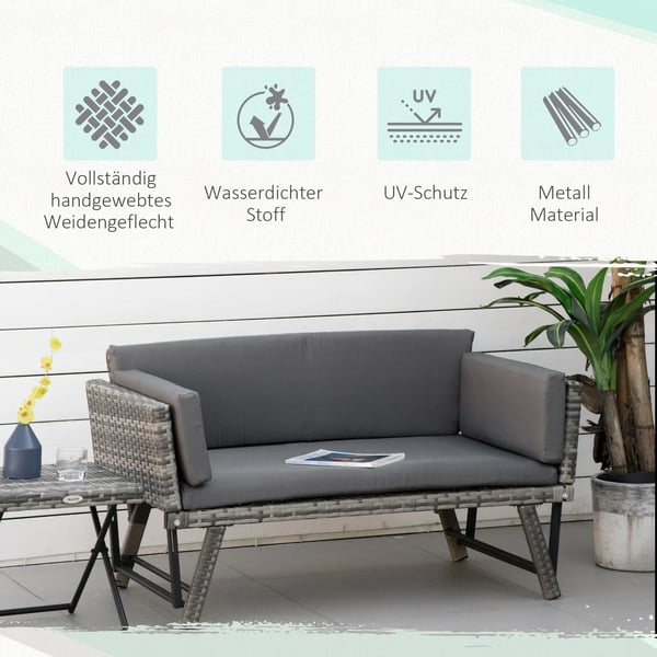 Outsunny 2-person polyrattan lounge sofa, grey, foldable armrests, steel, 129x63x67cm, for garden & patio