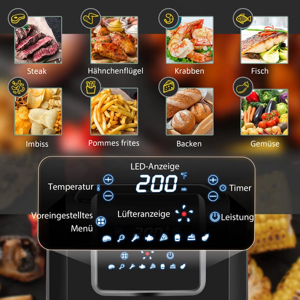 Varmluftsfrituregryde 6,5L 1700W Sort - Sundere madlavning med LED-display og 8 menuer