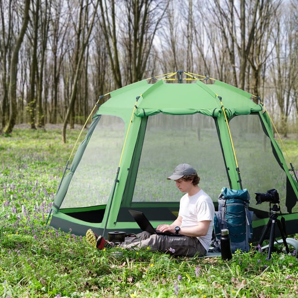 Outsunny Familietelt til 6 personer, nemt opsætning, PU2000mm, grøn polyester, 320x320x180cm