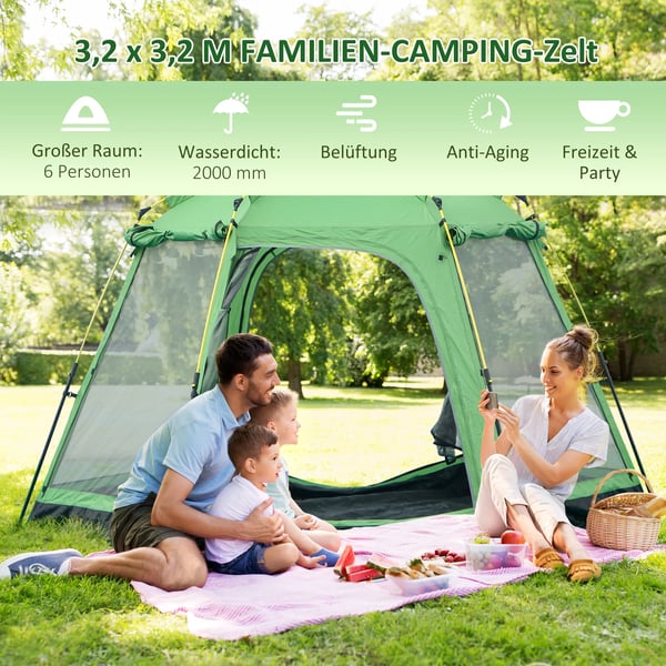 Outsunny Familietelt til 6 personer, nemt opsætning, PU2000mm, grøn polyester, 320x320x180cm