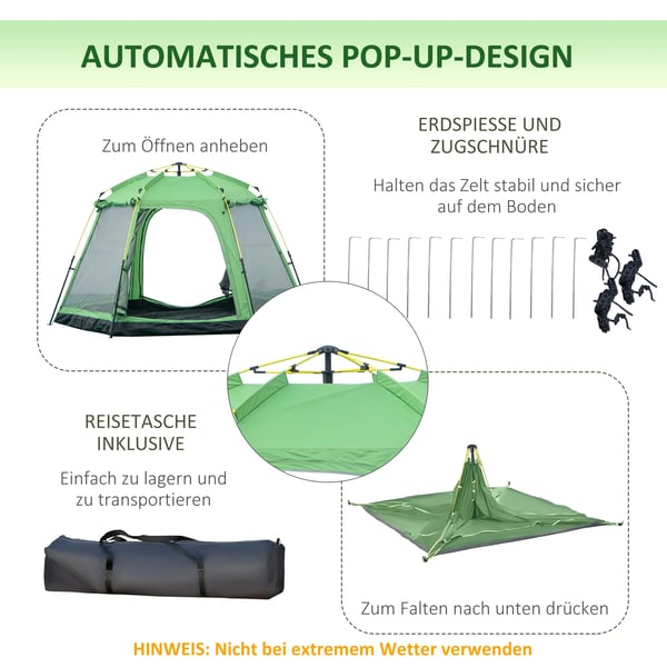 Outsunny Familietelt til 6 personer, nemt opsætning, PU2000mm, grøn polyester, 320x320x180cm