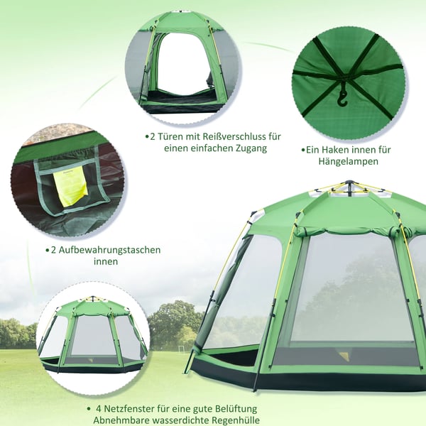 Outsunny Familietelt til 6 personer, nemt opsætning, PU2000mm, grøn polyester, 320x320x180cm