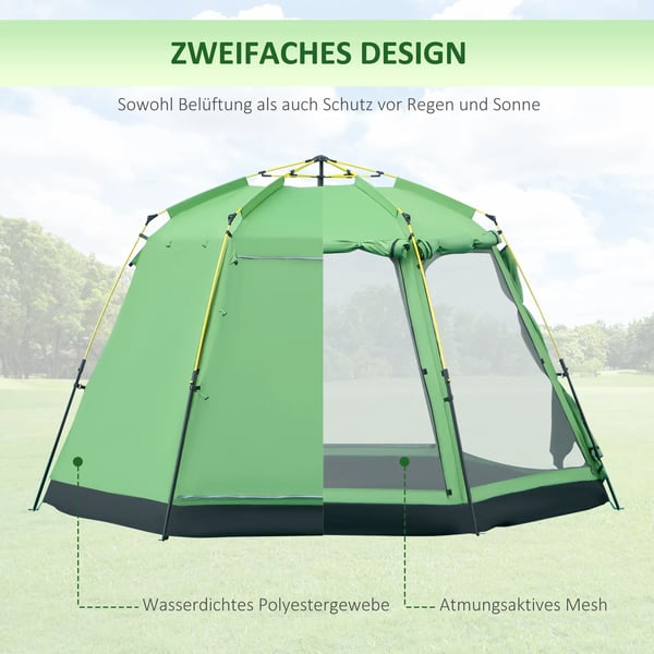 Outsunny Familietelt til 6 personer, nemt opsætning, PU2000mm, grøn polyester, 320x320x180cm