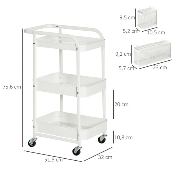 HOMCOM Køkkenvogn med 3 skuffer, Lille rullebord i hvid legeret stål til køkken, kontor, 51,5x32x75,6cm