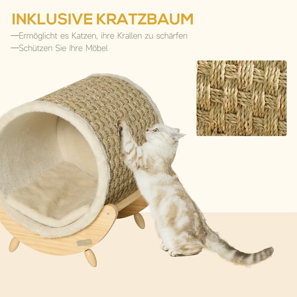 PawHut kattehule med hylde, katteseng, kradsemåtte, fyrretræ, fløjl, khaki, natur & beige, 41x38x43cm