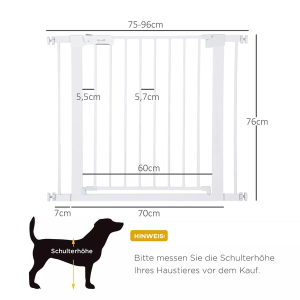 PawHut Sikkerhedsgitter til Hunde - Justerbart 75-96cm, Automatisk Lukning, Hvid Metal