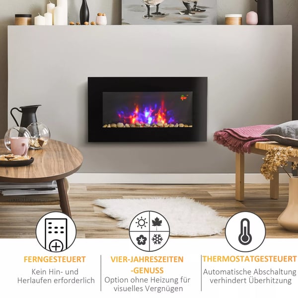 Sähkötakka Musta Metallinen Seinäkiinnitys LED-liekillä 1000/2000W Säädettävä Lämpötila ja Ajastin Kaukosäätimellä 7 Värillistä Liekkiä 20-25m²