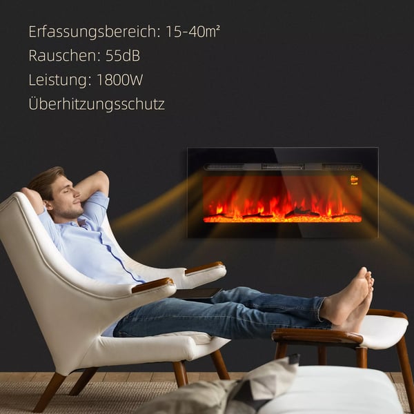 Seinätakka LED-liekillä, 1800W, 3 värin valo, 5 kirkkaustasoa, kaukosäätin, kosketusnäyttö, musta, karkaistu lasi