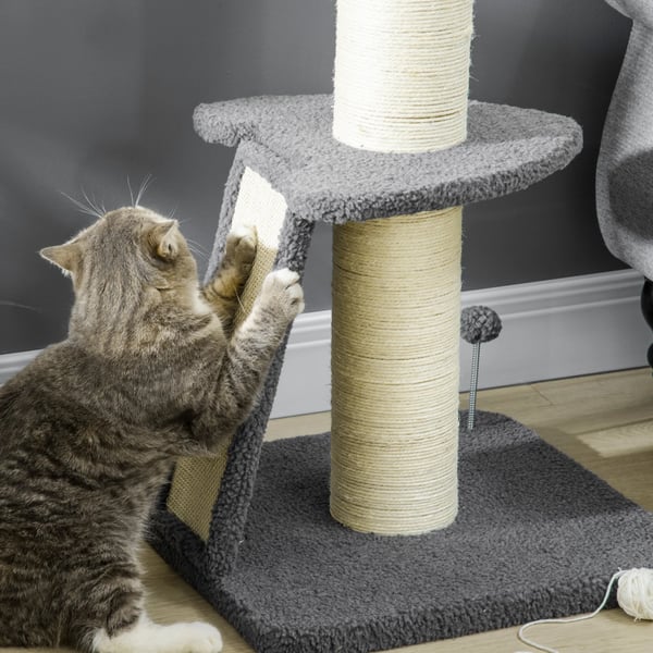 PawHut Raapimispuu 92cm - Paksu Sisal-pylväs, Karitsannahkajäljitelmä, Leikkipallo, Tummanharmaa/Kermanvalkoinen