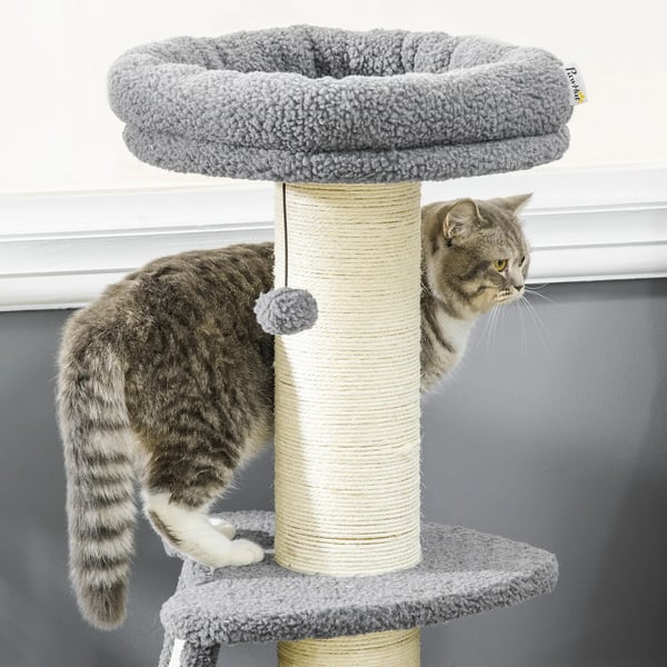PawHut Raapimispuu 92cm - Paksu Sisal-pylväs, Karitsannahkajäljitelmä, Leikkipallo, Tummanharmaa/Kermanvalkoinen
