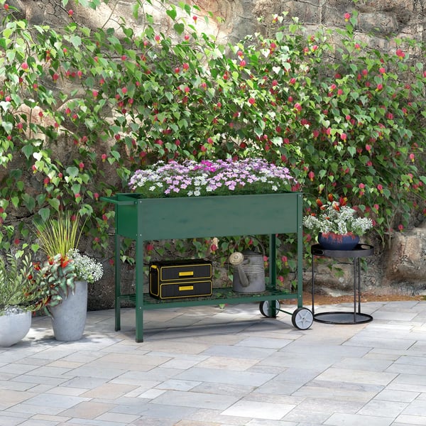Outsunny højbed med hjul, urtebed hylde plante-krukke metal til have, altan grøn 109 x 44 x 80 cm