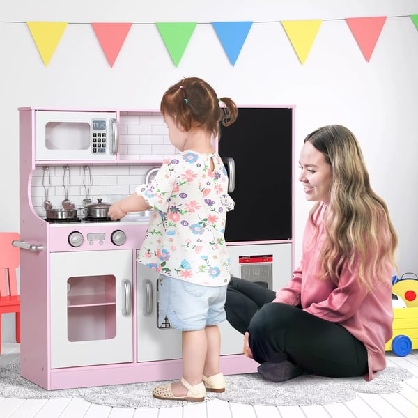 AIYAPLAY Legekøkken i træ til børn - Pink med tilbehør og legemad, fra 3 år