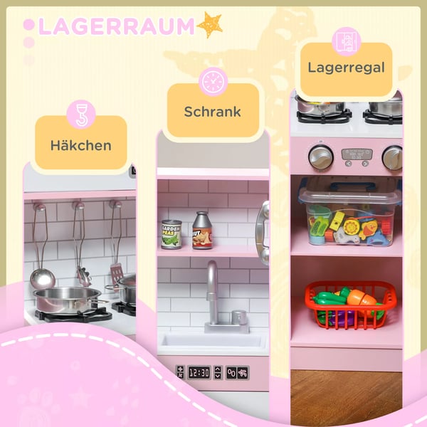 AIYAPLAY Legekøkken i træ til børn - Pink med tilbehør og legemad, fra 3 år